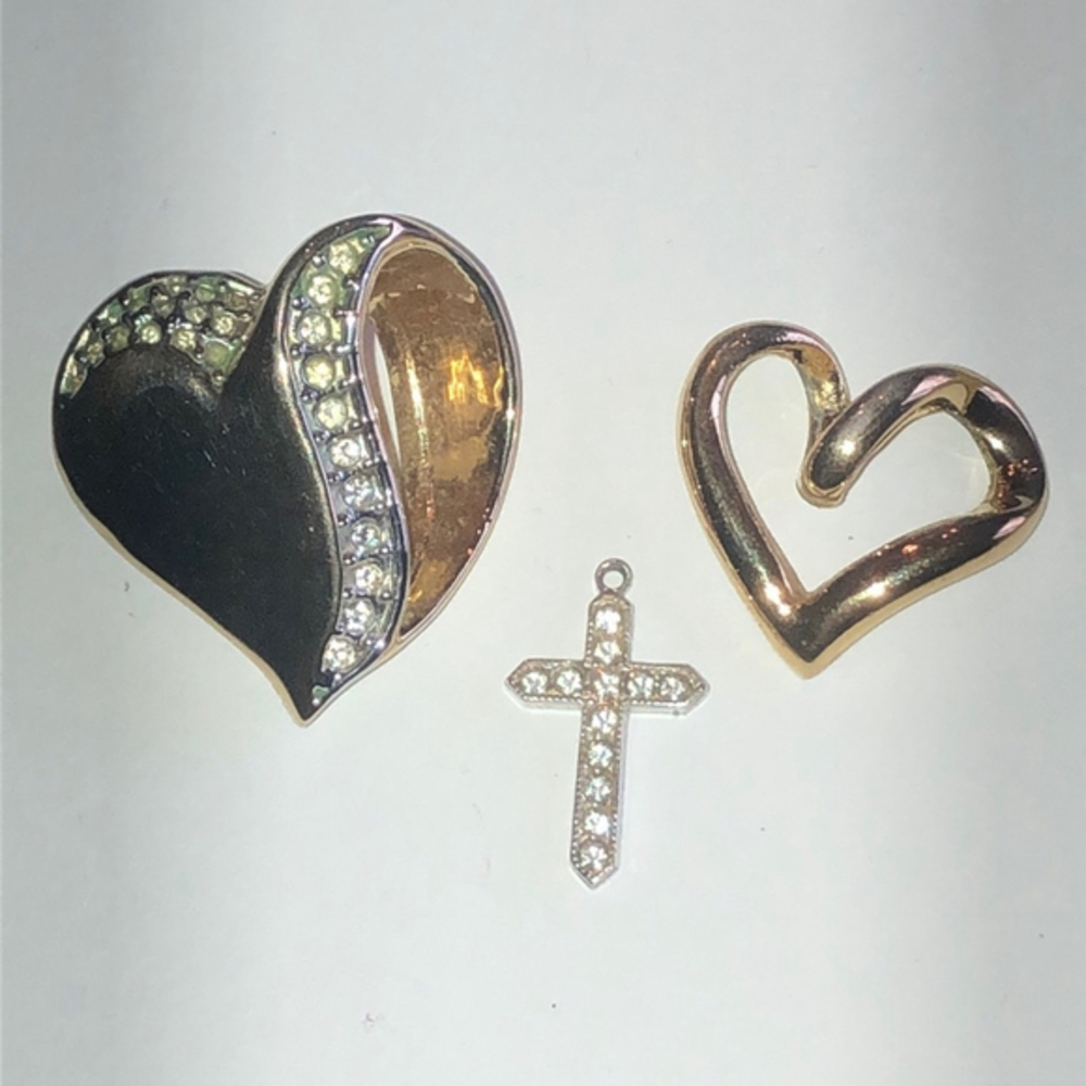 Lot of 3 Gold Tone Silver Tone CZ Rhinestone Hearts Cross Pendants